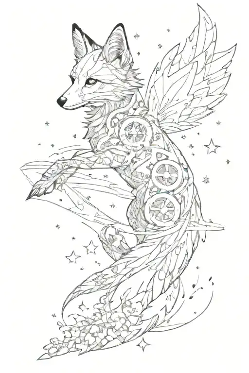 elegant, sky at to with stars and cogs behind stars, there is a nature setting with a fox running and butterfly in sky tattoo design idea