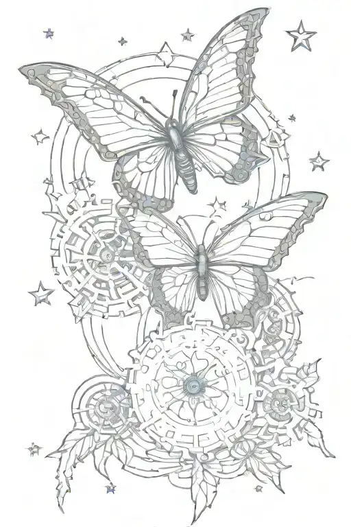 butterfly, fox, fine line, elegant, realism, nature, stars, sky, cogs   tattoo design idea