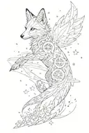 elegant, sky at to with stars and cogs behind stars, there is a nature setting with a fox running and butterfly in sky tattoo design idea