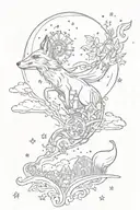 elegant, sky at to with stars and cogs behind stars, there is a nature setting with a fox running and butterfly in sky tattoo design idea