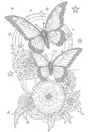 butterfly, fox, fine line, elegant, realism, nature, stars, sky, cogs   tattoo design idea