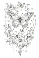 elegant, sky at to with stars and cogs behind stars, there is a nature setting  and butterfly in sky tattoo design idea