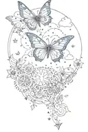 elegant, sky at to with stars and cogs behind stars, there is a nature setting  and butterfly in sky tattoo design idea