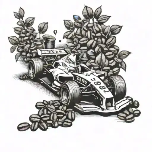 A Formula One car racing through a field of coffee beans, showcasing the client's love for car racing and coffee tattoo design idea