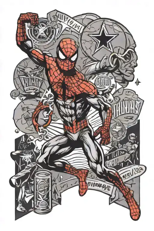 collage with spiderman, whataburger logo, dr pepper, texas, texas longhorn logo, san antonio spurs logo, dallas cowboys  tattoo design idea