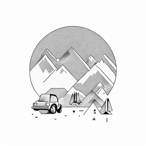 A minimalist and abstract design representing the essence of Seinfeld, with iconic elements like a football, mountains, and a jeep cleverly combined. tattoo design idea