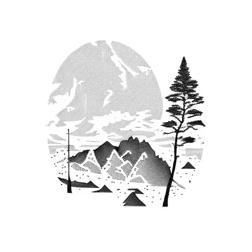 Irish and New Zealand landscapes merged in blackwork style tattoo design idea