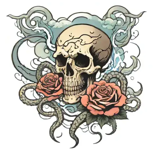 skull, octopus, roses blooming, clouds, lightning storm tattoo design idea