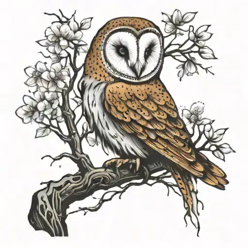barn owl sitting on a bonzai sakura tree with roots tattoo design idea