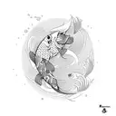 full sleve with a koi fish in wather with a pattern design, and a samurai in the shoulder area  tattoo design idea