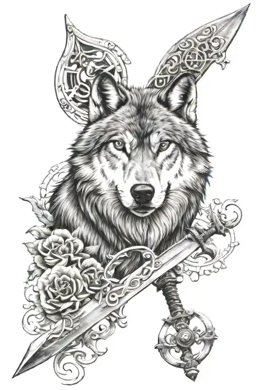 wolf sword and three crescents tattoo design idea