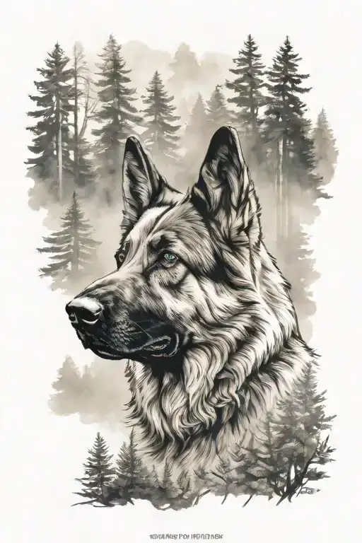 German shepherd in misty forest tattoo design idea