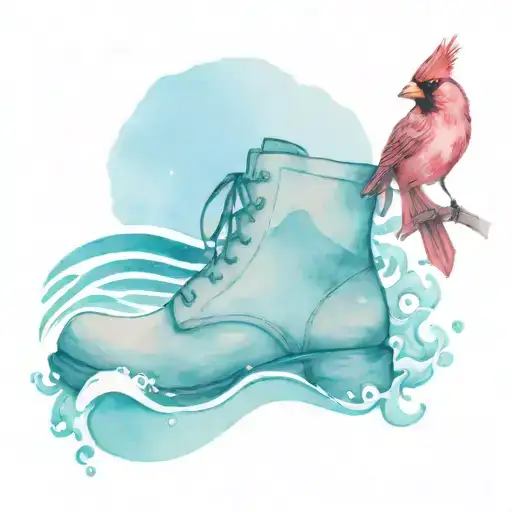 A baby cardinal perched on top of a marine boot, with waves crashing in the background tattoo design idea