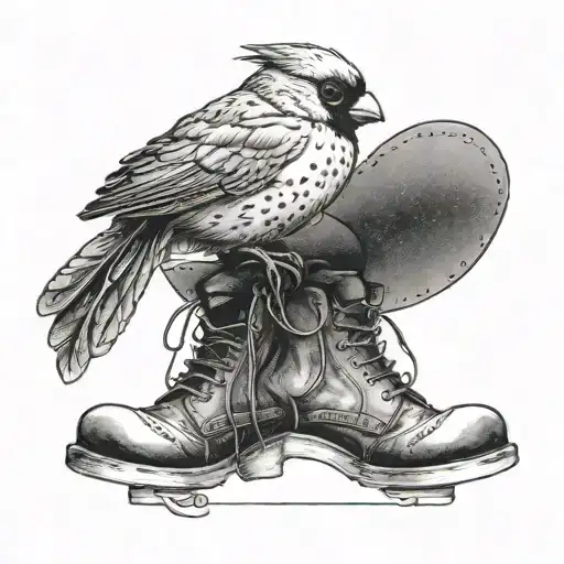 A minimalist tattoo of a baby cardinal perched delicately on a marine boot, using dotwork to create a sense of depth and texture tattoo design idea