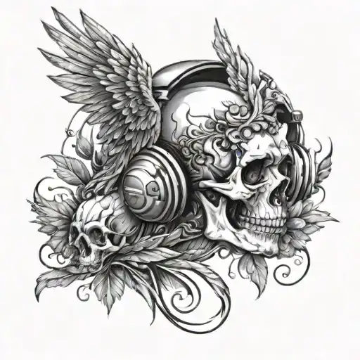 phoenix and skull wearing headphones tattoo design idea