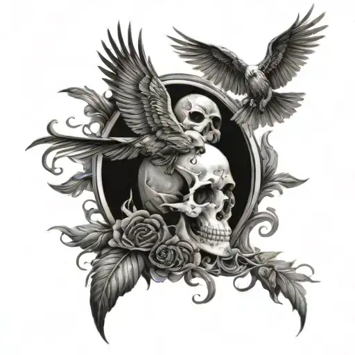 Phoenix bird and skull tattoo design idea