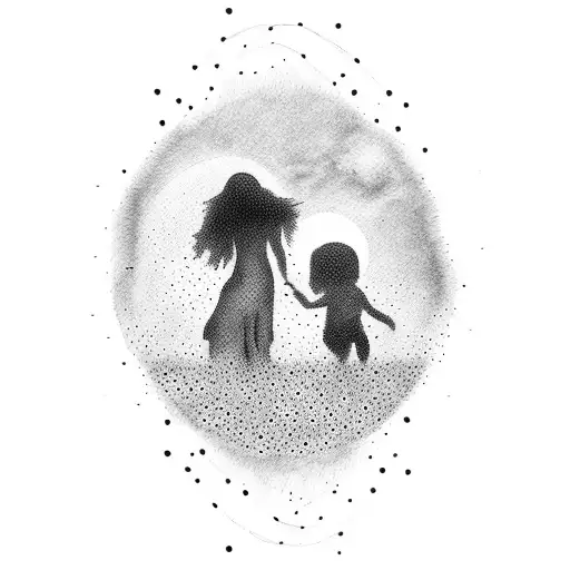 A mother and child silhouette, with each son represented as a different animal tattoo design idea