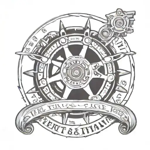A detailed illustration of a driver's wheel with the names Ben & Ethan intertwined in a black-grey style tattoo design idea
