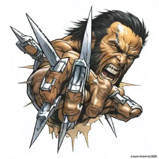 Wolverine claws tearing through a wall with a fierce expression tattoo design idea