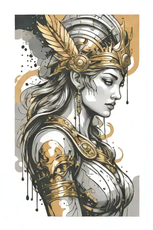 athena goddess in Armor  , paint drops, brush style surrounded tattoo design idea