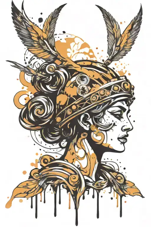 athena goddess , paint drops, brush style surrounded, brush tattoo design idea
