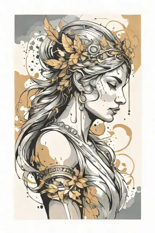 athena goddess , paint drops, brush style surrounded, scratches tattoo design idea