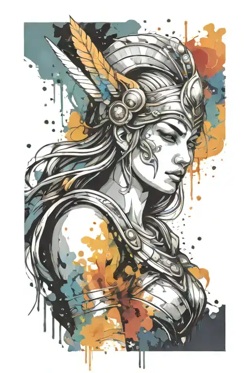 athena goddess in Armor with spear, paint drops, brush style surrounded tattoo design idea