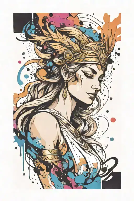 athena goddess , paint drops, brush style surrounded tattoo design idea