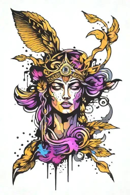 athena goddess , paint drops, brush style surrounded tattoo design idea