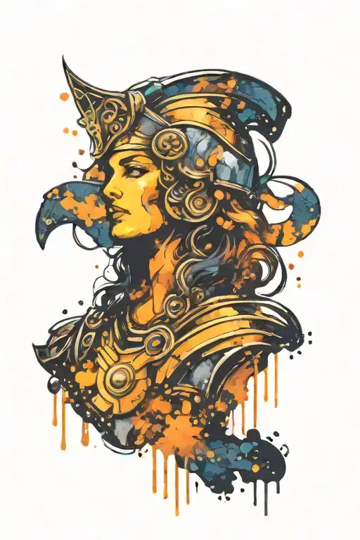 Athena goddess in Armor, paint drops, brush style background tattoo design idea