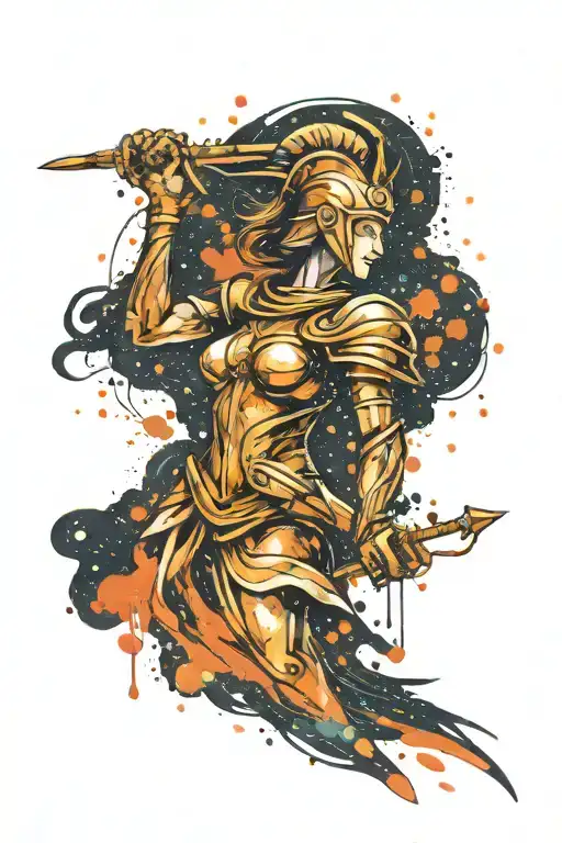 Athena goddess in Armor, paint drops, brush style background tattoo design idea