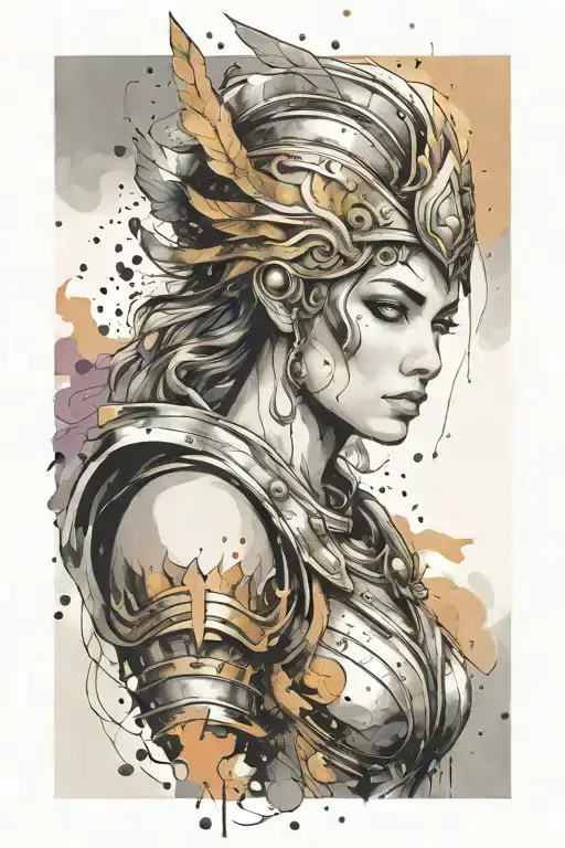 athena goddess in Armor , paint drops, brush style surrounded tattoo design idea