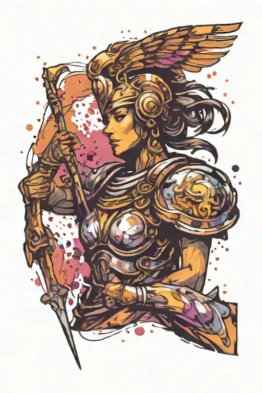 Athena goddess in Armor, paint drops, brush strokes, brush style tattoo design idea