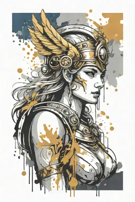 athena in armor goddess , paint drops, brush style surrounded tattoo design idea