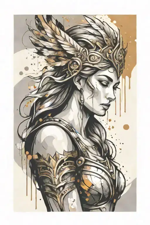 athena goddess in Armor , paint drops, brush style surrounded tattoo design idea