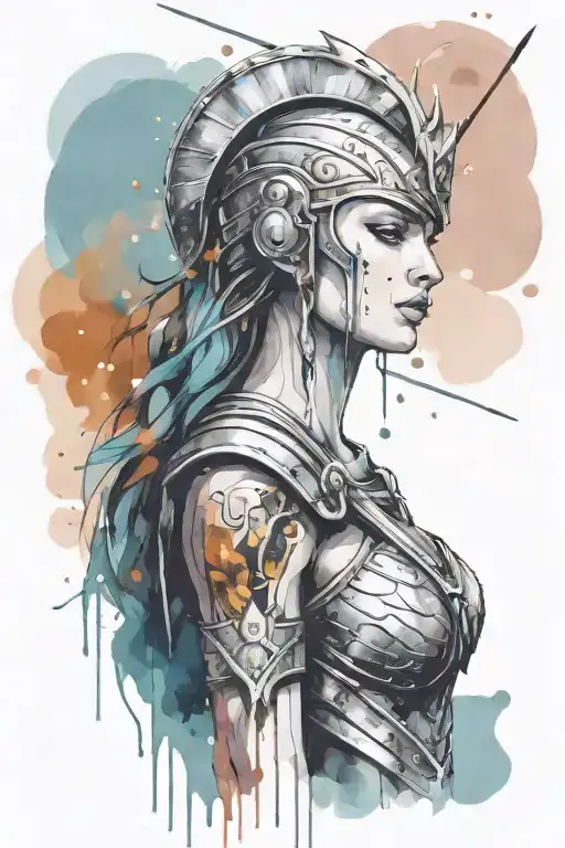 athena goddess in Armor holding spear, paint drops, brush style surrounded tattoo design idea