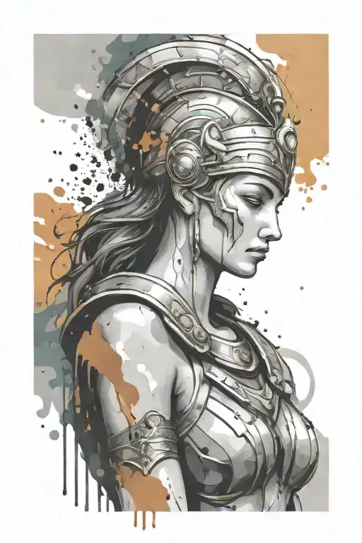 athena goddess in Armor  , paint drops, brush style surrounded tattoo design idea