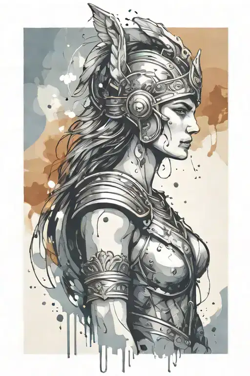 athena goddess in Armor, paint drops, brush style surrounded tattoo design idea