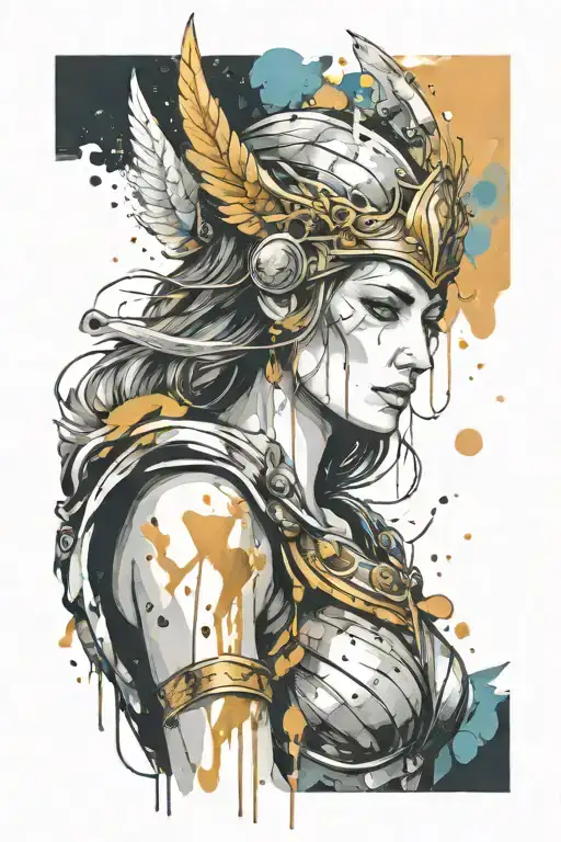 athena goddess in Armor, paint drops, brush style surrounded tattoo design idea