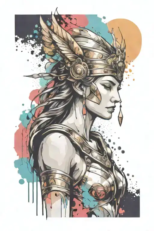 athena goddess in armor, paint drops, brush style surrounded tattoo design idea