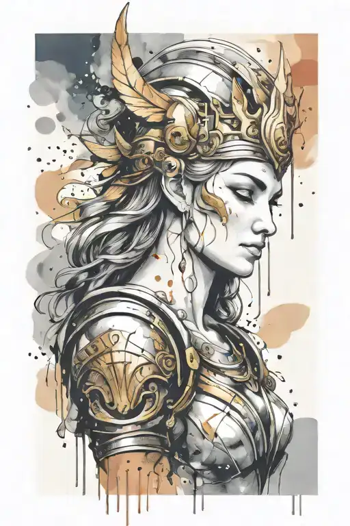 athena goddess in Armor , paint drops, brush style surrounded tattoo design idea