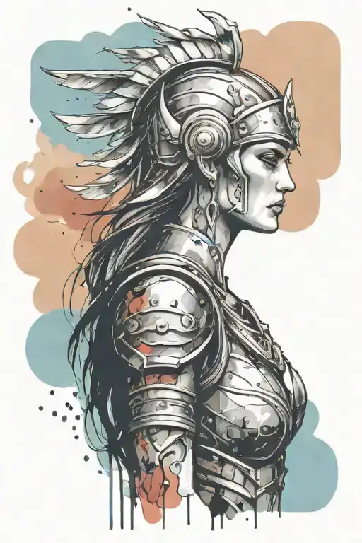 athena goddess in Armor,  paint drops, brush style surrounded tattoo design idea