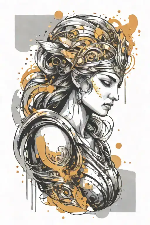 athena goddess in Armor , paint drops, brush style surrounded tattoo design idea