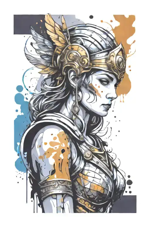 athena in armor goddess , paint drops, brush style surrounded tattoo design idea