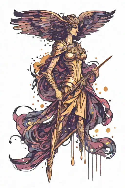 Athena goddess in Armor, paint drops, brush strokes tattoo design idea