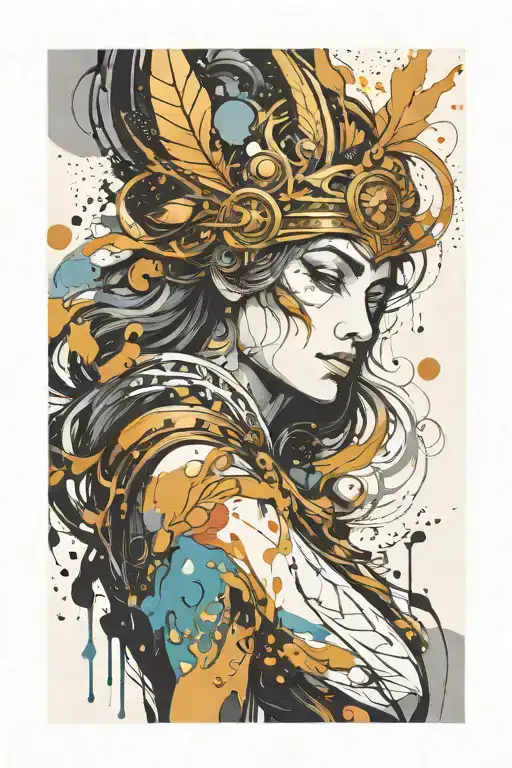 athena goddess , paint drops, brush style surrounded tattoo design idea