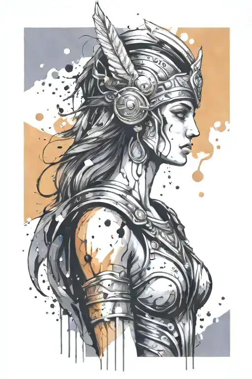 athena goddess in Armor  , paint drops, brush style surrounded tattoo design idea