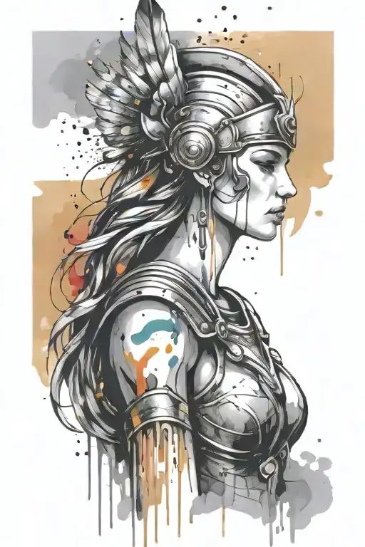 athena goddess in Armor, paint drops, brush style surrounded tattoo design idea