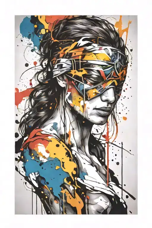 justice blindfolded  , paint drops, brush style surrounded tattoo design idea