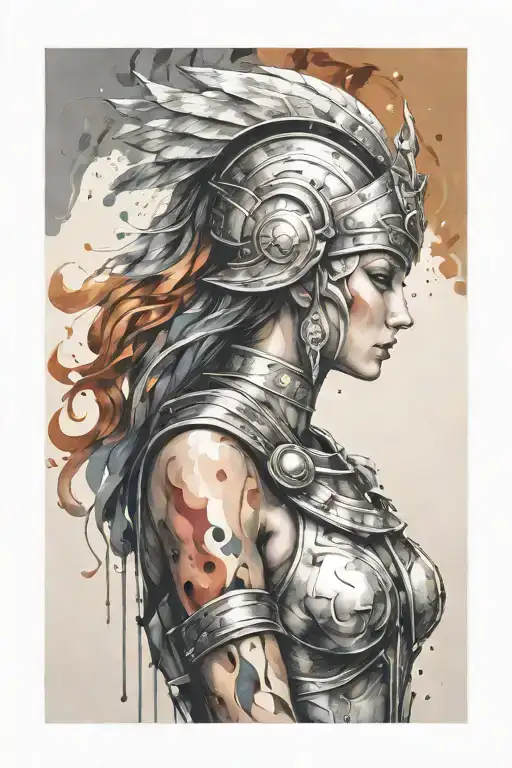 athena goddess in Armor  , paint drops, brush style surrounded tattoo design idea